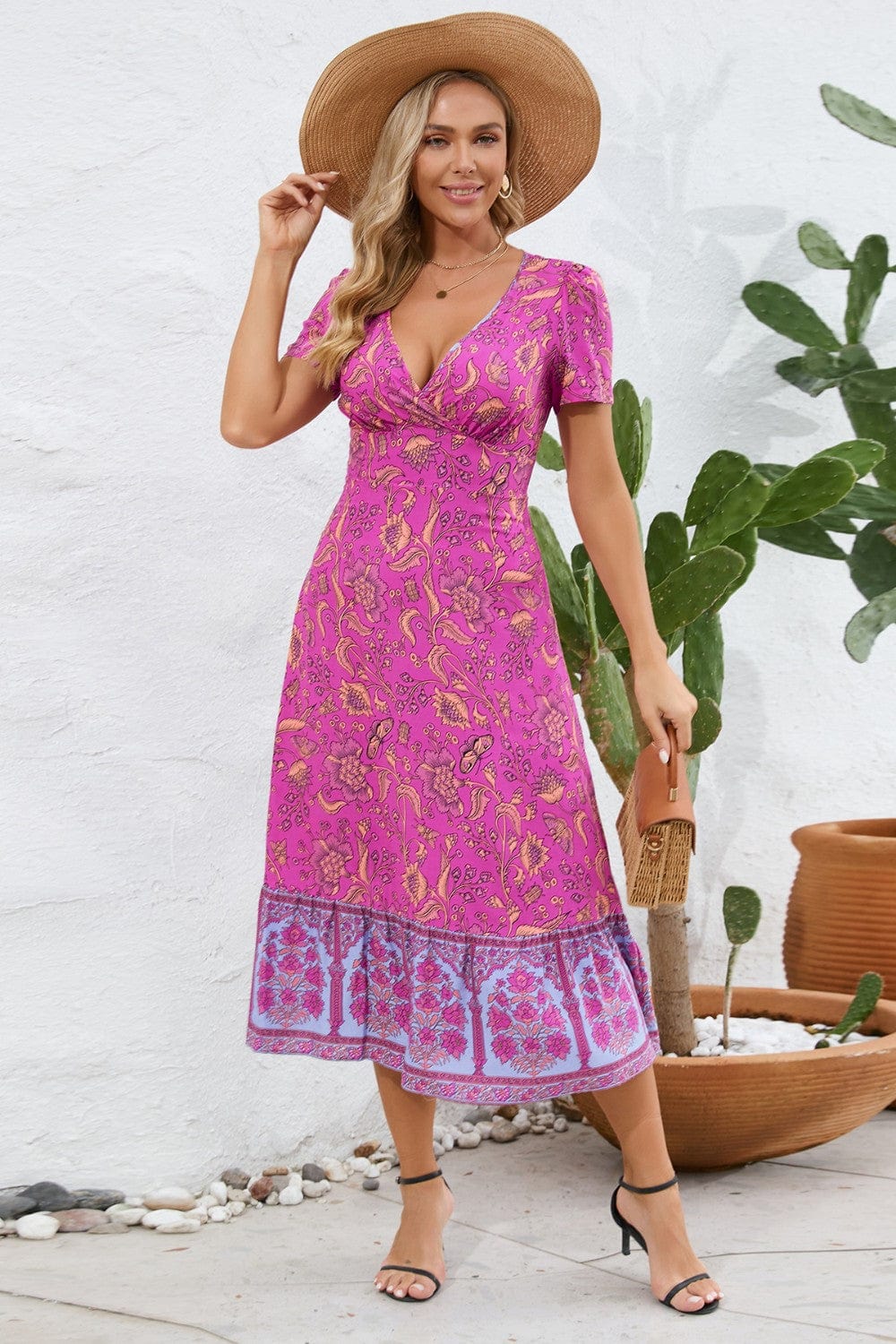 Printed Surplice Short Sleeve Dress - Trendsi