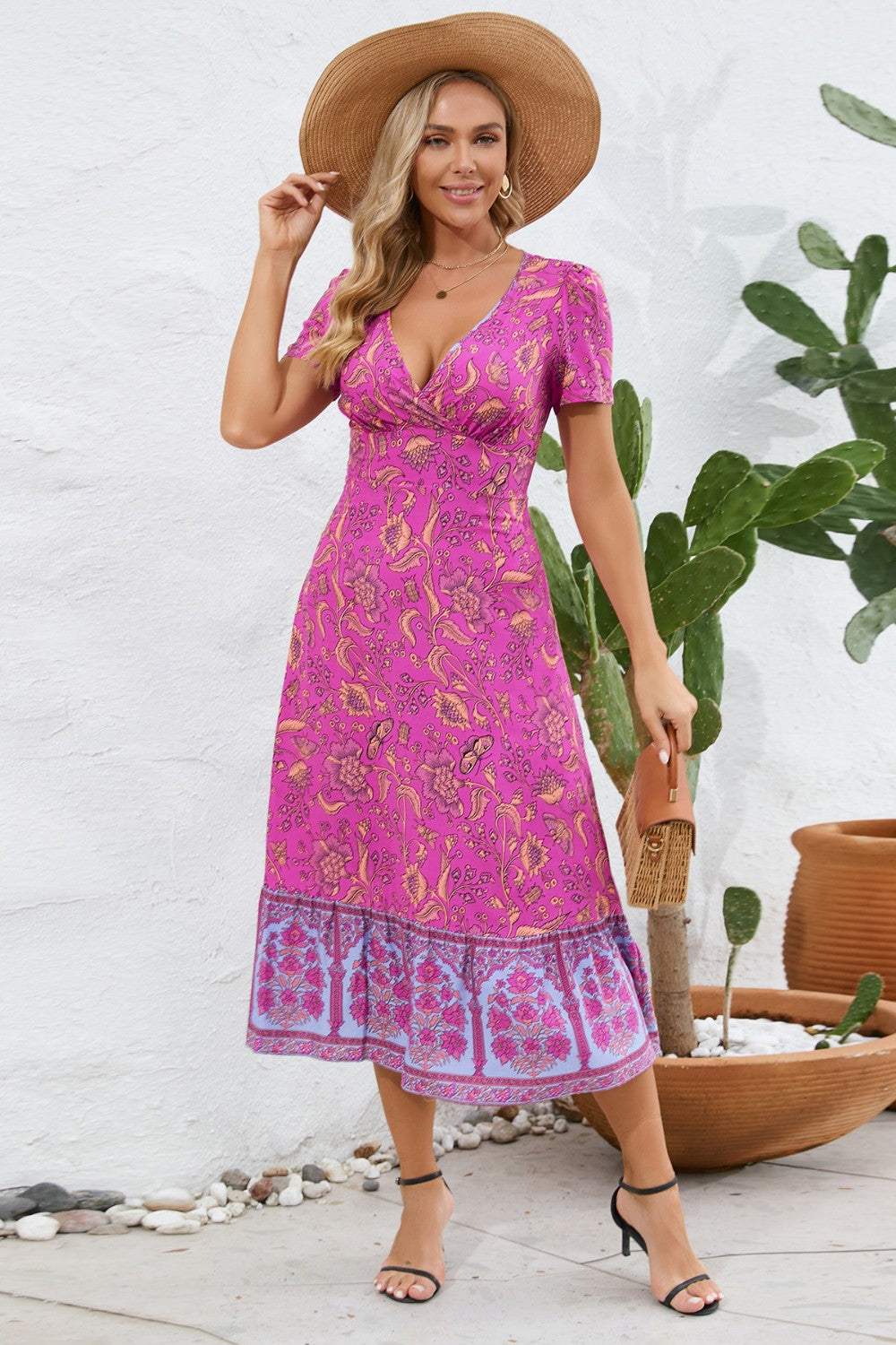 Printed Surplice Short Sleeve Dress - Trendsi - Flyclothing LLC