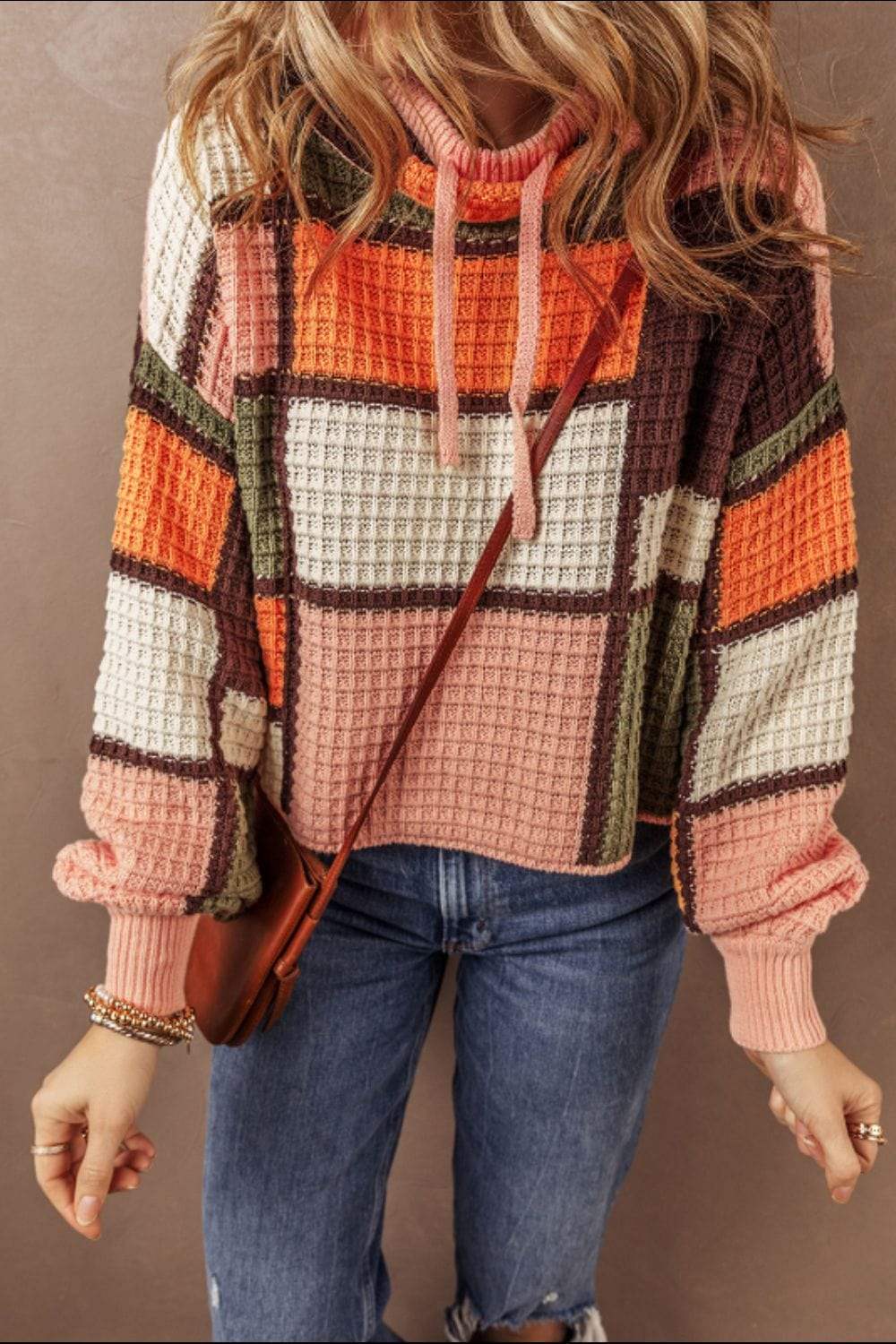 Drawstring Color Block Mock Neck Sweater - Trendsi - Flyclothing LLC