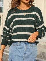 Striped Round Neck Dropped Shoulder Sweater - Trendsi - Flyclothing LLC