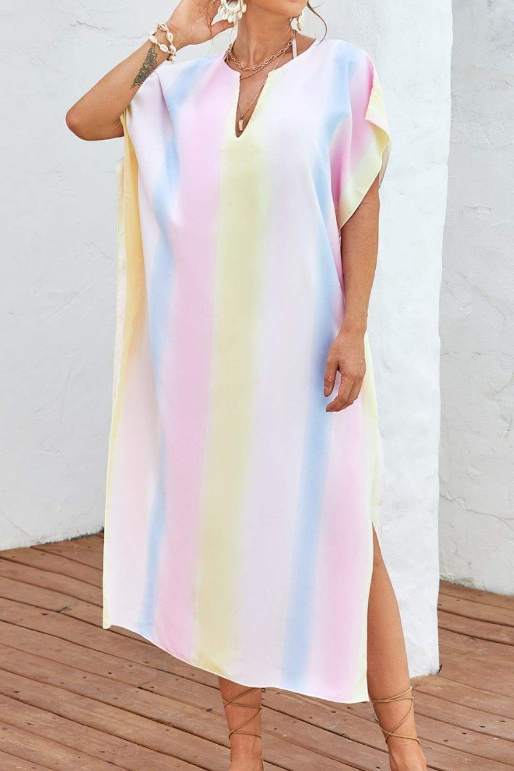 Slit Striped Notched Short Sleeve Cover Up - Trendsi - Flyclothing LLC