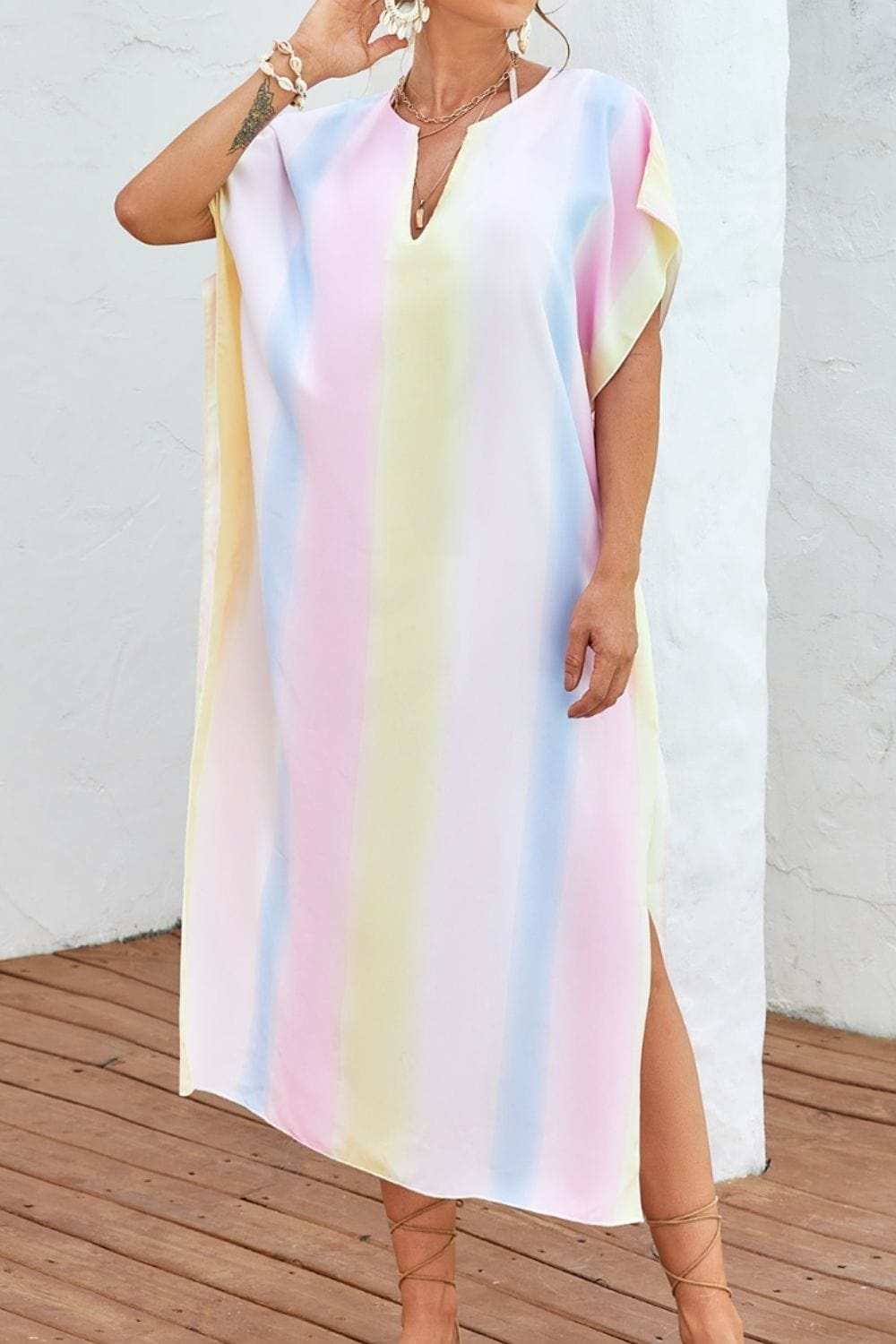 Slit Striped Notched Short Sleeve Cover Up - Trendsi - Flyclothing LLC