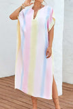 Slit Striped Notched Short Sleeve Cover Up - Trendsi - Flyclothing LLC