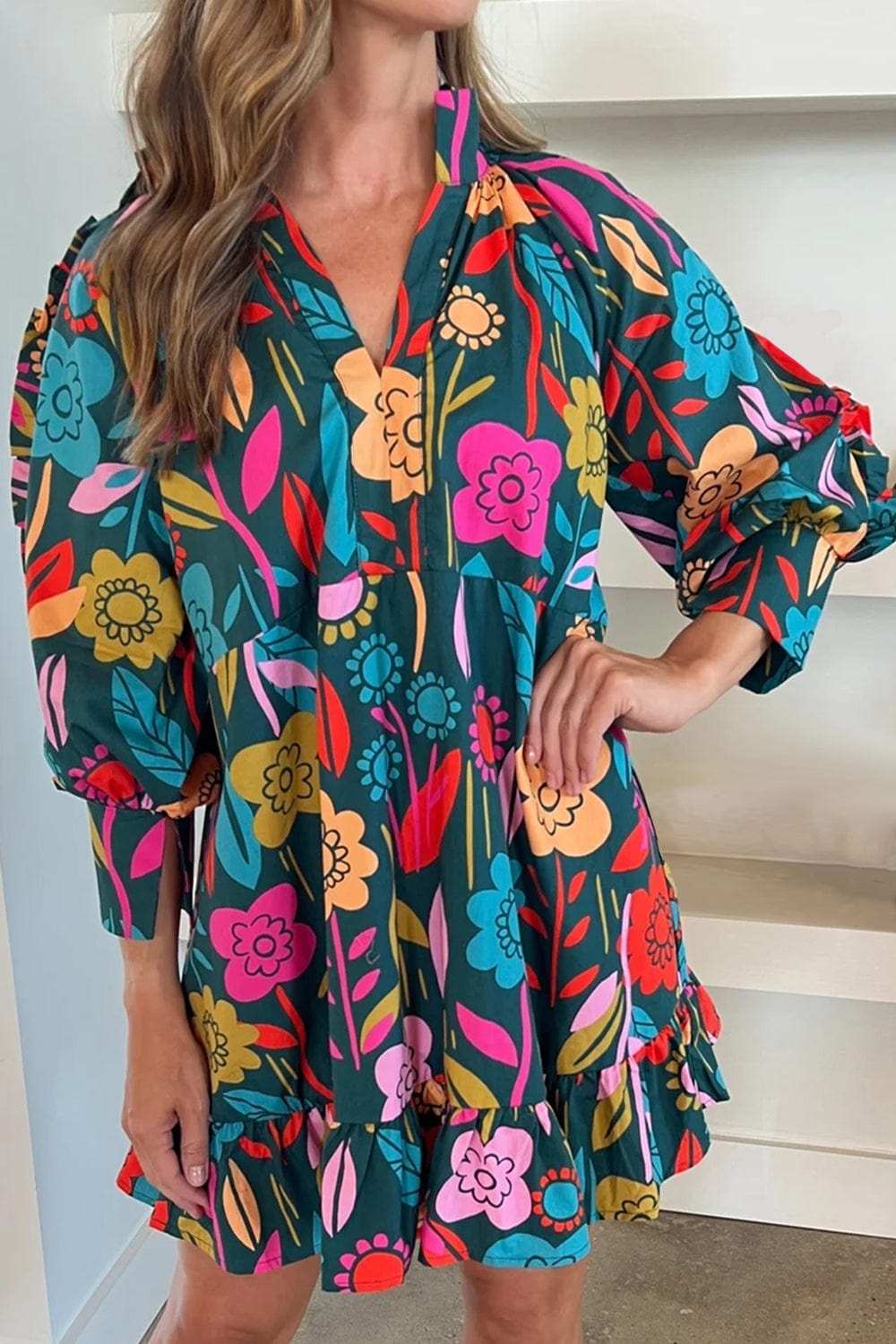 Printed Notched Lantern Sleeve Mini Dress - Trendsi - Flyclothing LLC