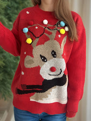 Reindeer Round Neck Long Sleeve Sweater - Trendsi