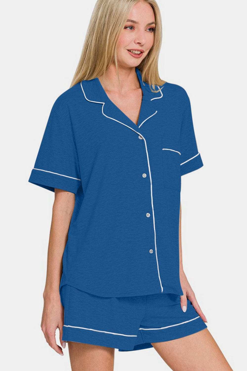 Zenana Button Down Short Sleeve Top and Shorts Lounge Set - Trendsi - Flyclothing LLC