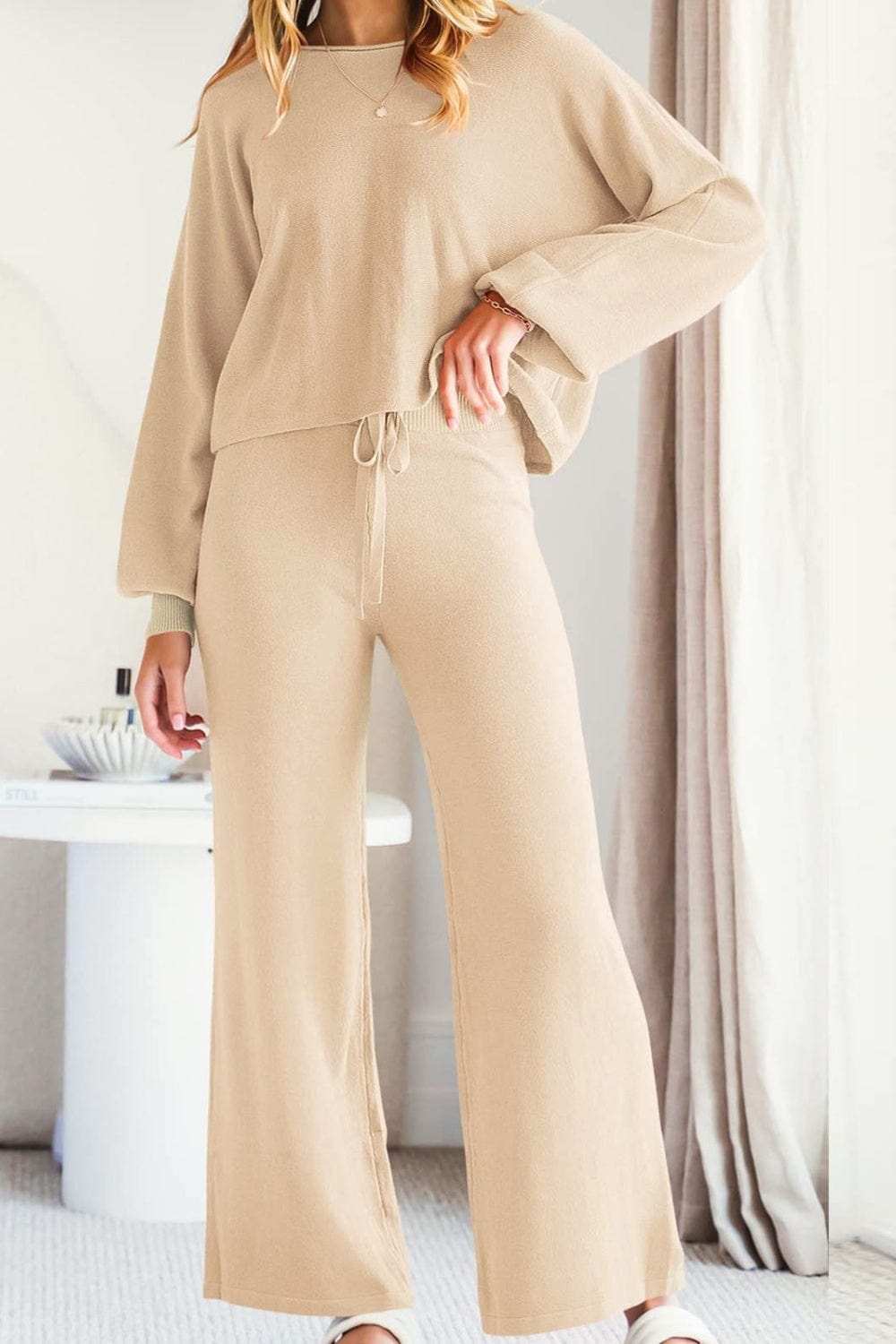 Round Neck Long Sleeve Top and Pants Set - Trendsi - Flyclothing LLC