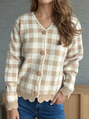 Plaid V-Neck Button Up Cardigan - Trendsi