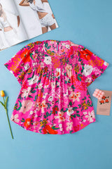 Smocked Printed Round Neck Half Sleeve Blouse - Trendsi - Flyclothing LLC