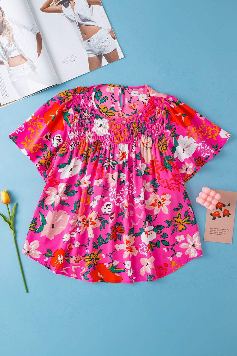 Smocked Printed Round Neck Half Sleeve Blouse - Trendsi - Flyclothing LLC