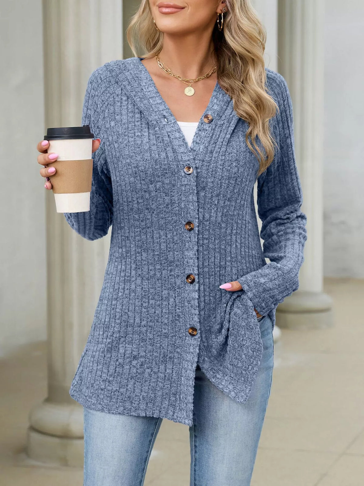 Ribbed Knit Hooded Button-Down Cardigan - Trendsi - Flyclothing LLC