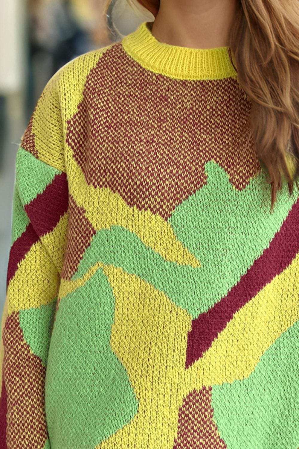 Contrast Round Neck Long Sleeve Sweater - Trendsi - Flyclothing LLC