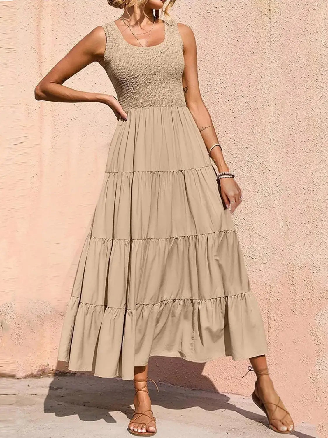 Tiered Smocked Wide Strap Dress - Trendsi - Flyclothing LLC