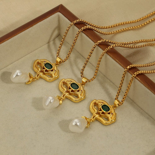 Freshwater Pearl Titanium Steel Geometric Necklace - Trendsi