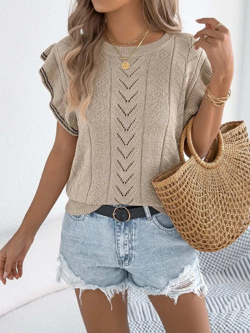 Openwork Round Neck Cap Sleeve Knit Top - Trendsi - Flyclothing LLC