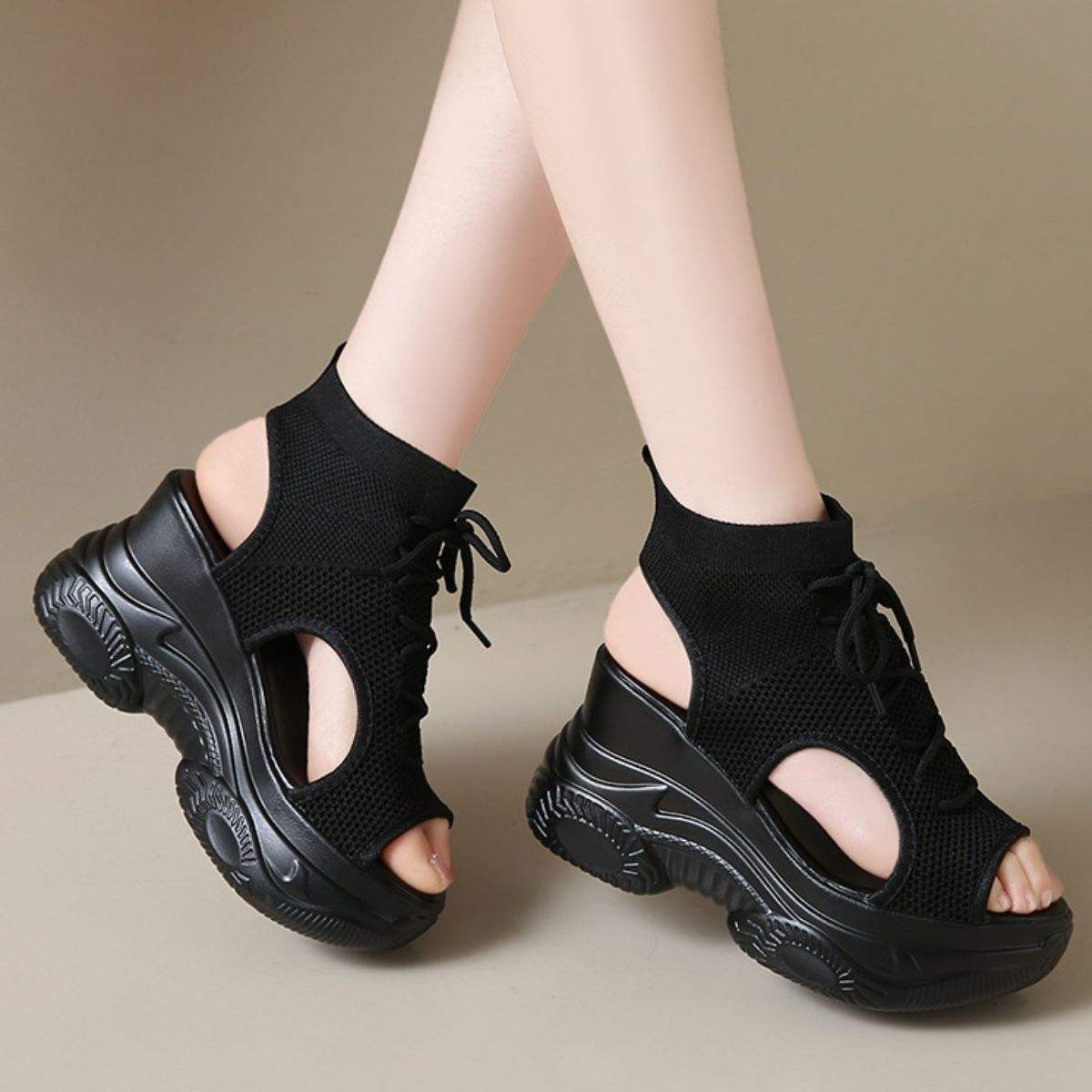 Cutout Mesh Wedge Sandals - Trendsi - Flyclothing LLC