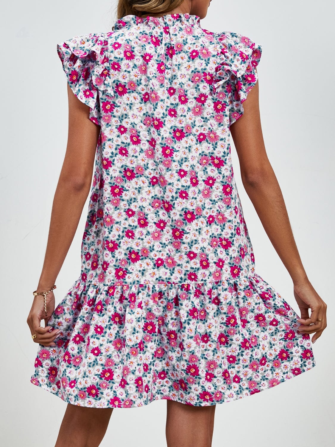 Tied Floral Cap Sleeve Mini Dress - Trendsi