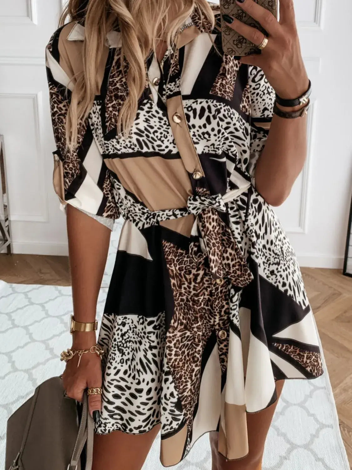 Printed Tie Waist Roll-Tab Sleeve Mini Dress - Trendsi - Flyclothing LLC