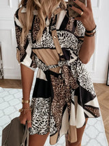 Printed Tie Waist Roll-Tab Sleeve Mini Dress - Trendsi - Flyclothing LLC