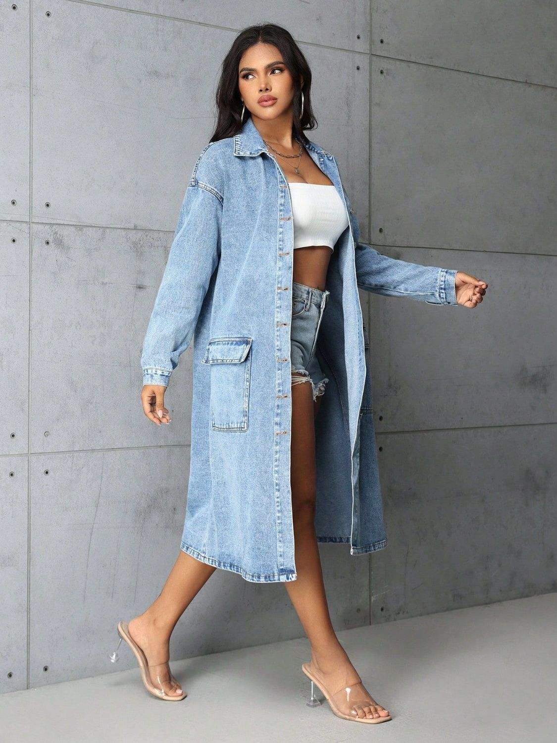 Pocketed Button Up Collared Neck Denim Top - Trendsi - Flyclothing LLC