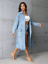 Pocketed Button Up Collared Neck Denim Top - Trendsi - Flyclothing LLC