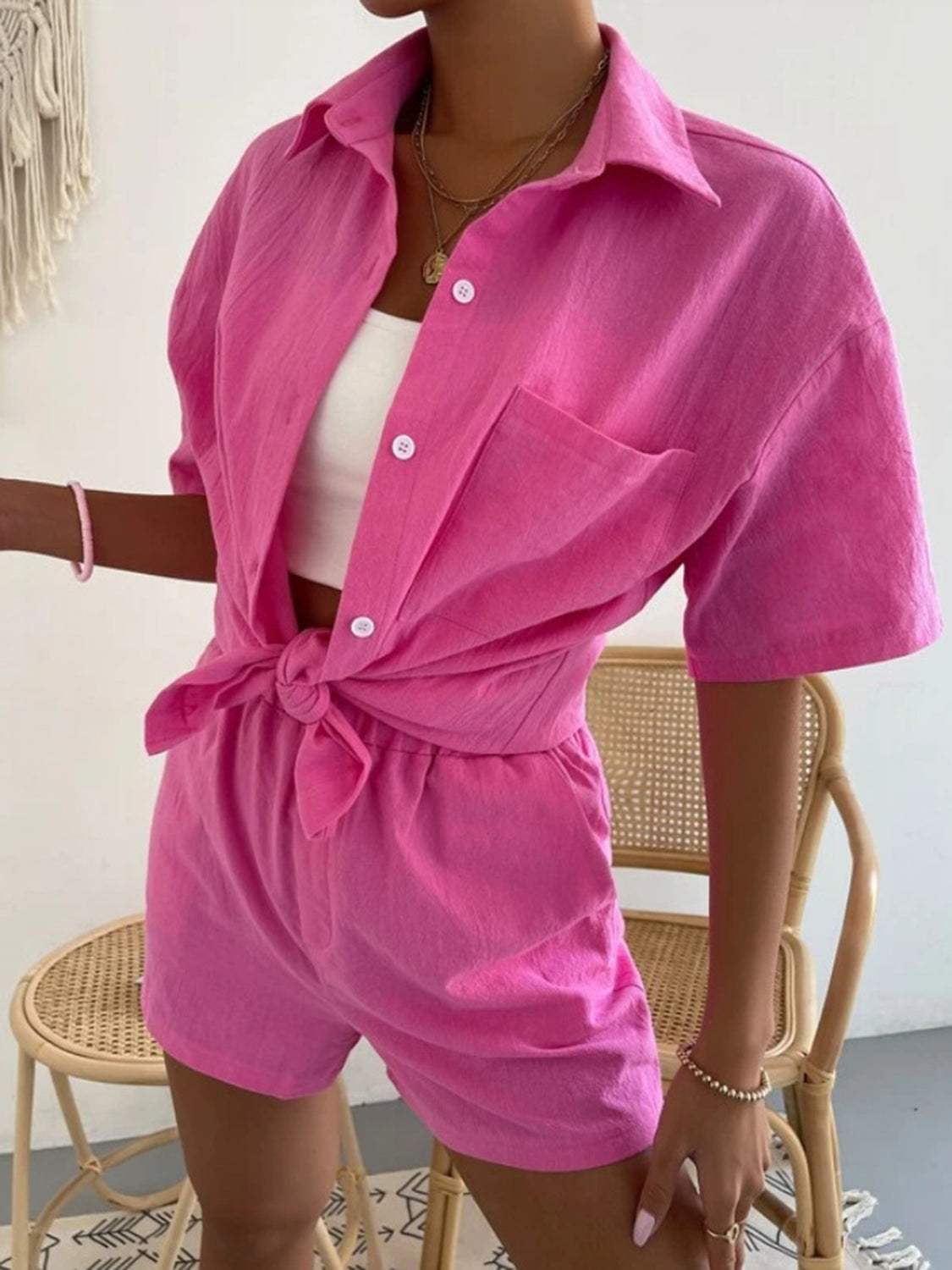 Button Up Short Sleeve Shirt and Shorts Set - Trendsi - Flyclothing LLC