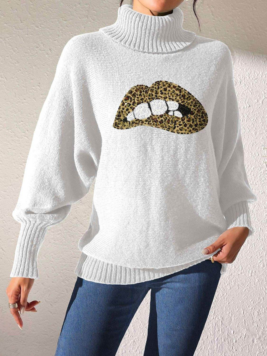 Lip Turtleneck Long Sleeve Sweater - Trendsi - Flyclothing LLC