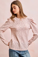 BiBi Textured Flower Knit Puff Shoulder Top - Trendsi - Flyclothing LLC
