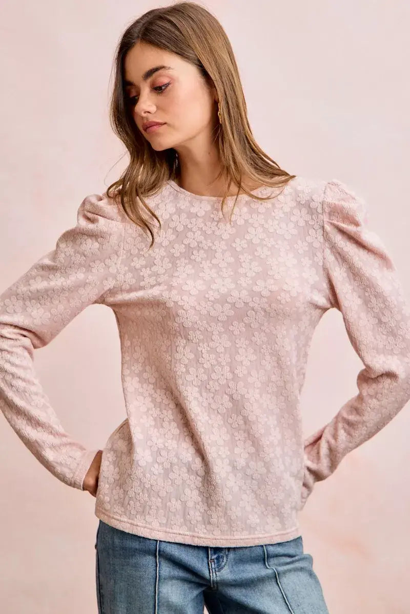 BiBi Textured Flower Knit Puff Shoulder Top - Trendsi - Flyclothing LLC