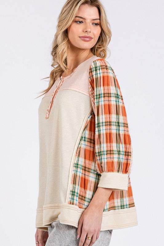 SAGE + FIG Exposed Seam Button Detail Plaid Top - Trendsi - Flyclothing LLC