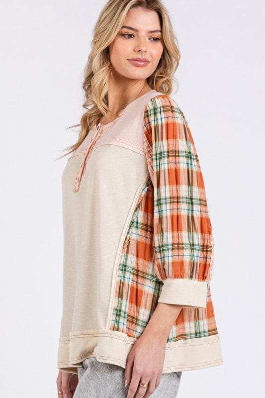 SAGE + FIG Exposed Seam Button Detail Plaid Top - Trendsi - Flyclothing LLC