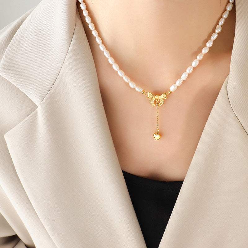 Titanium Steel Freshwater Pearl Heart Necklace - Trendsi - Flyclothing LLC