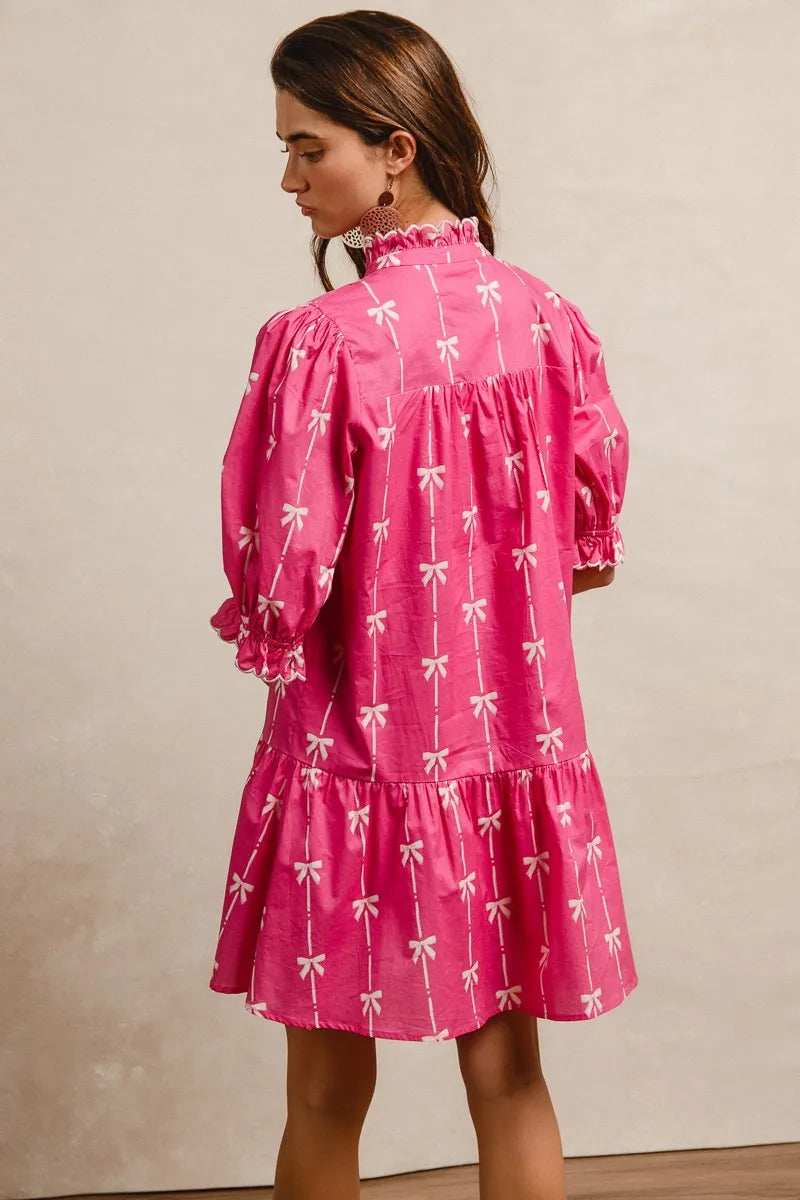 BiBi Ribbon Patterns With Scallops Edge Details Short Sleeve Dress - Trendsi - Flyclothing LLC