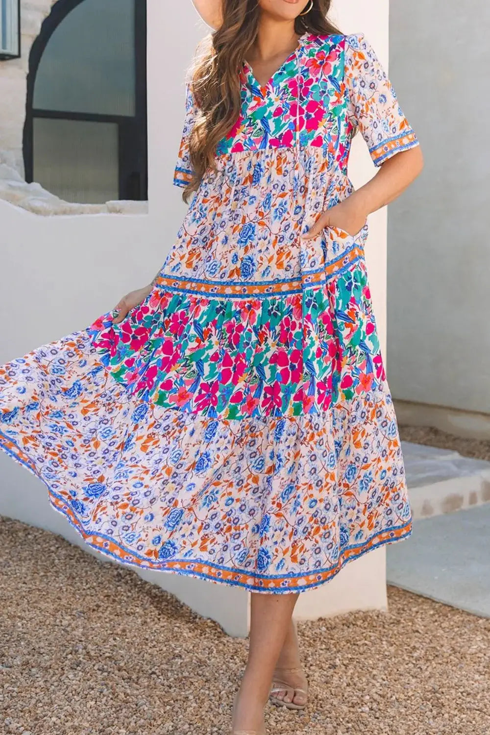 Mixed Floral Print Tie Neck Short Sleeve Dress - Trendsi - Flyclothing LLC