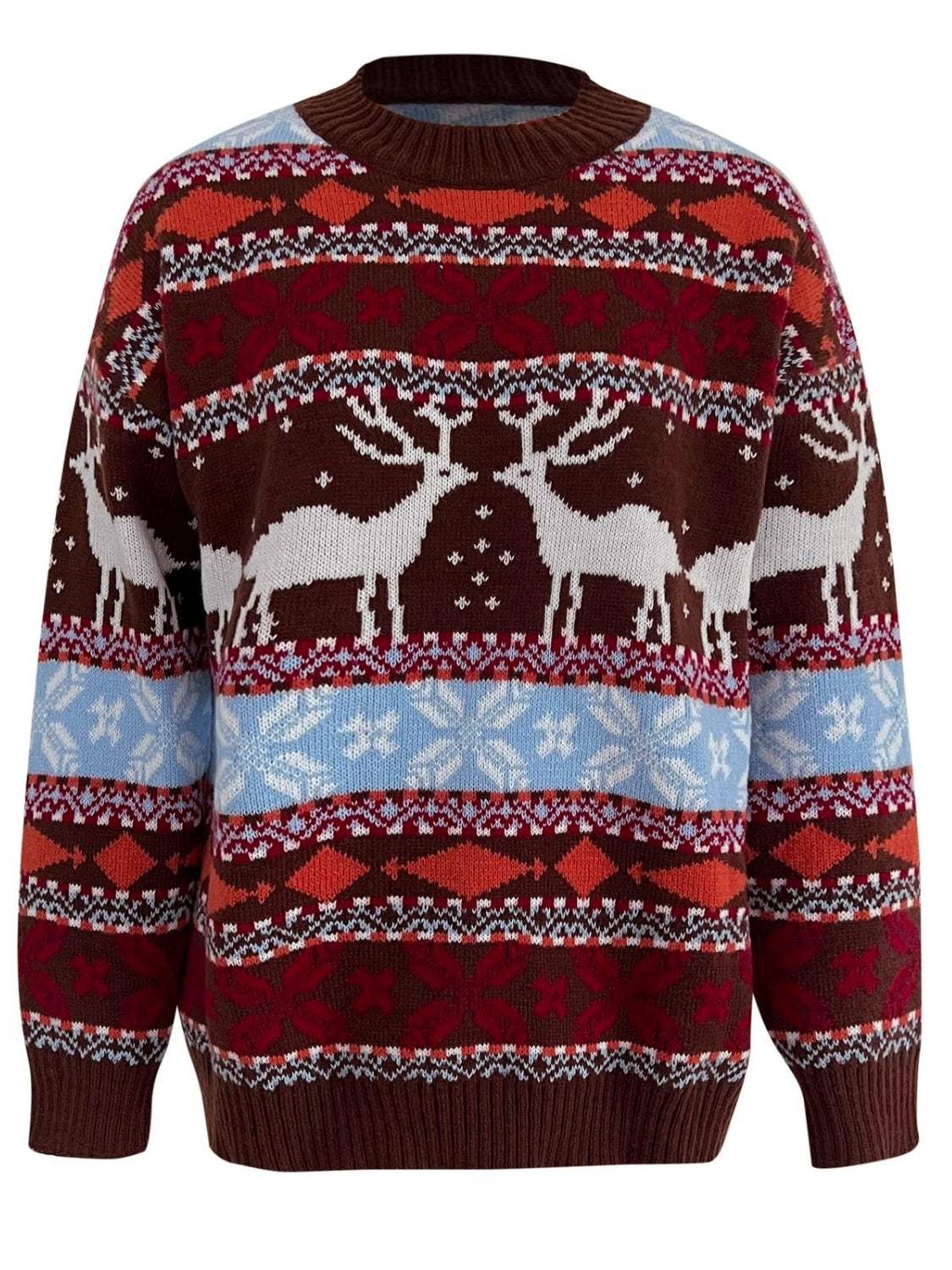 Geometric Round Neck Dropped Shoulder Sweater - Trendsi - Flyclothing LLC