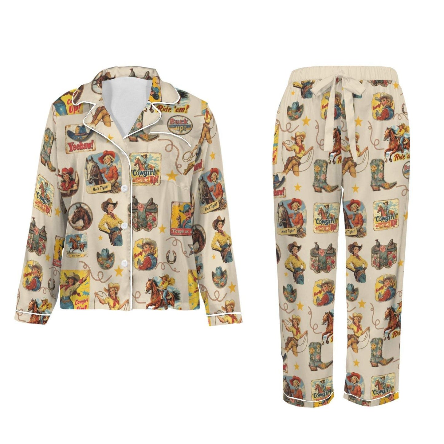 Baha Ranch Vintage Cowgirl Collage Western Rodeo Satin Pajamas - Baha Ranch Western Wear - Flyclothing LLC