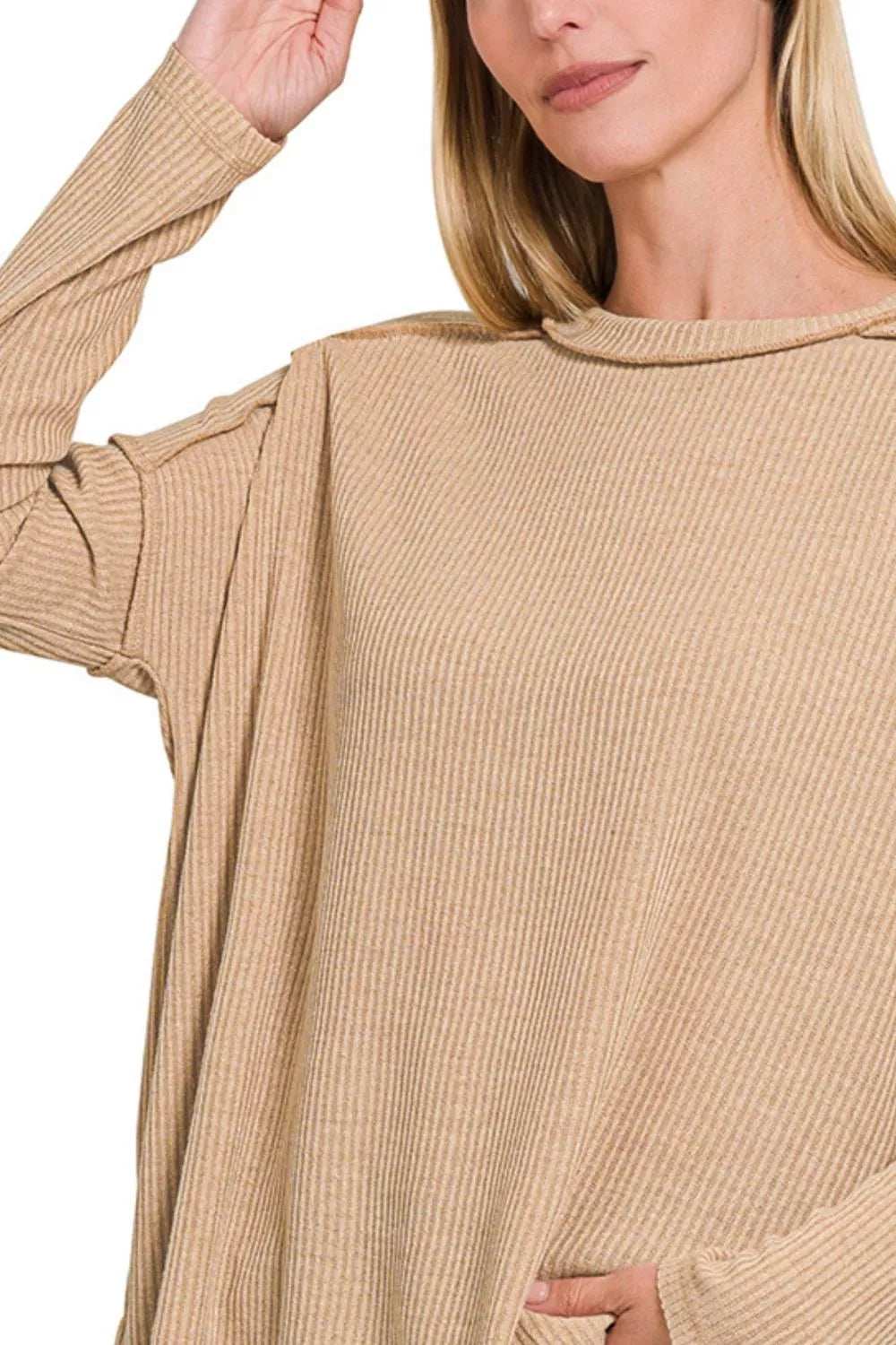 Zenana Ribbed Drop Shoulder Round Neck Sweater - Trendsi - Flyclothing LLC