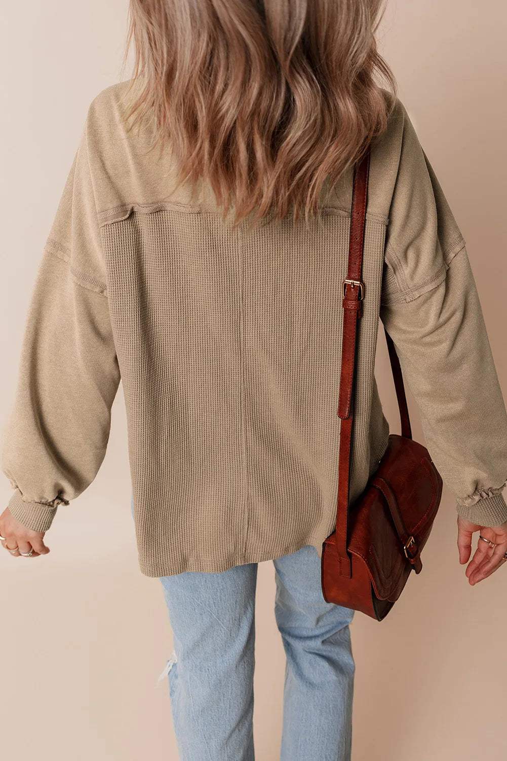 Waffle-Knit Collared Neck Long Sleeve Shacket - Trendsi - Flyclothing LLC
