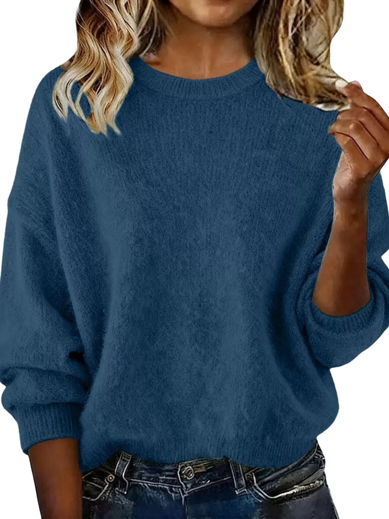 Full Size Round Neck Dropped Shoulder Sweater Plus Size - Trendsi - Flyclothing LLC