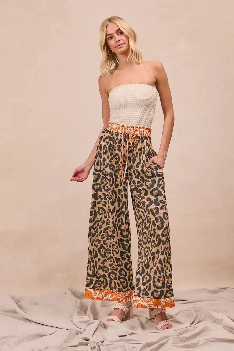 BiBi Leopard Print With Contrast Banded Wide Pants - Trendsi - Flyclothing LLC