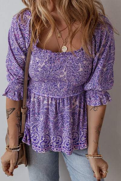 Printed Square Neck Half Sleeve Blouse - Trendsi - Flyclothing LLC
