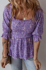Printed Square Neck Half Sleeve Blouse - Trendsi - Flyclothing LLC