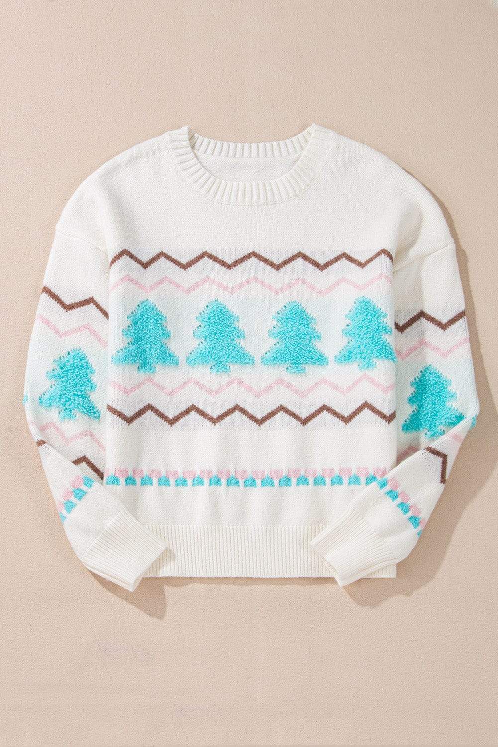 Christmas Tree Ribbed Hem Dropped Shoulder Sweater - Trendsi - Flyclothing LLC