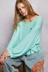 POL Round Neck Long Sleeve Exposed Seam Top with Chest Pocket - Trendsi - Flyclothing LLC