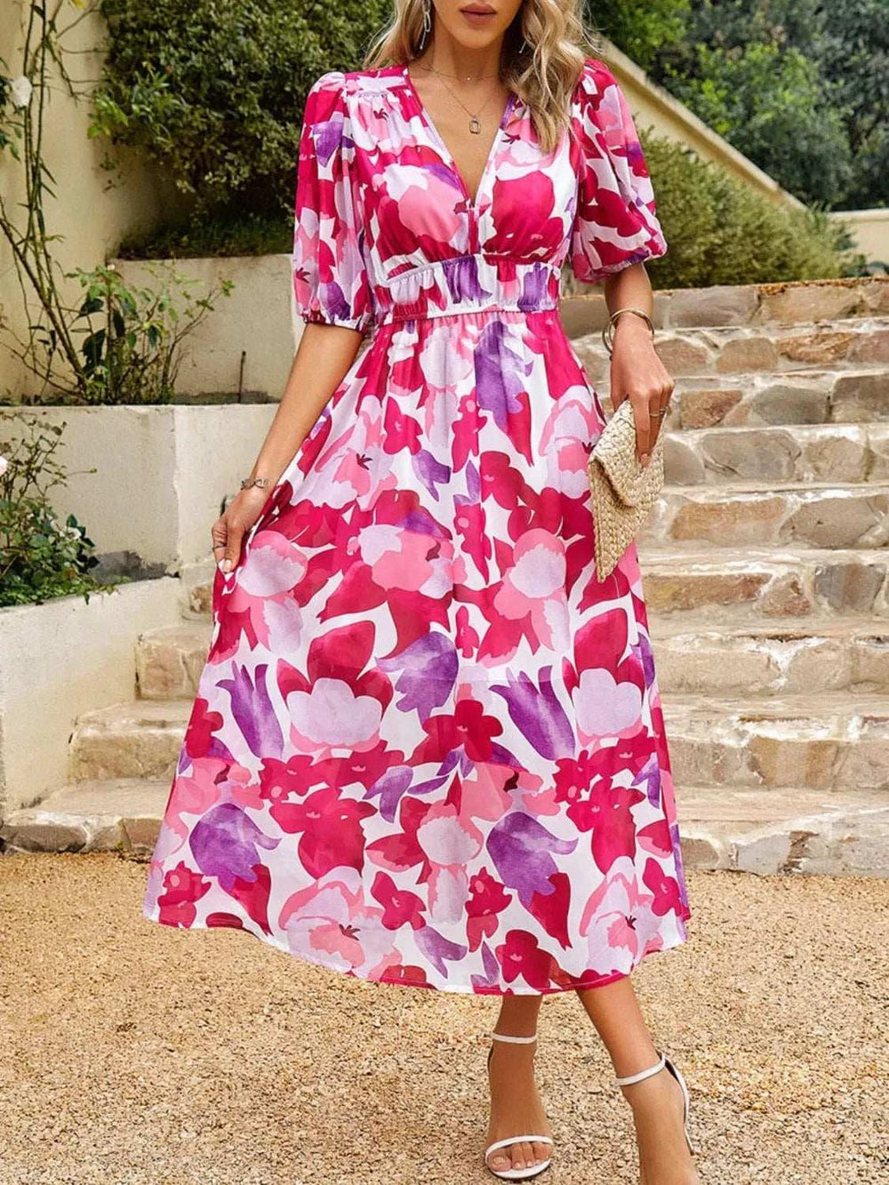 Printed Puff Sleeve Midi Dress - Trendsi - Flyclothing LLC