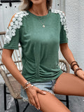 Lace Detail Round Neck Short Sleeve T-Shirt - Trendsi