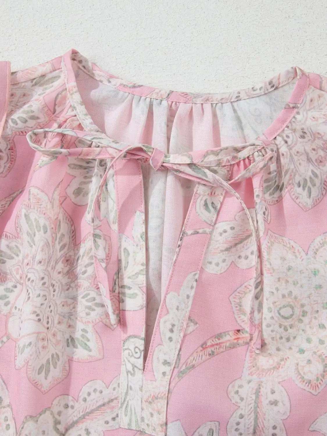 Floral Tie Neck Puff Sleeve Blouse - Trendsi - Flyclothing LLC
