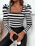 Striped Square Neck Puff Sleeve T-Shirt - Trendsi