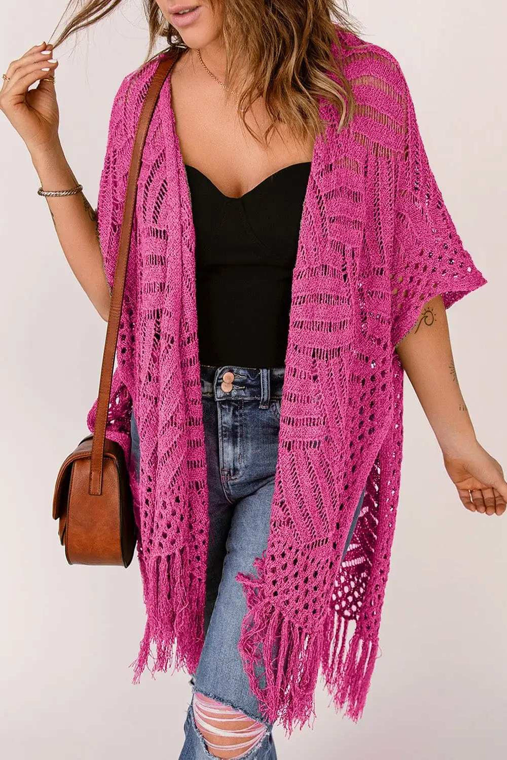 Openwork Open Front Cardigan with Fringes - Trendsi - Flyclothing LLC