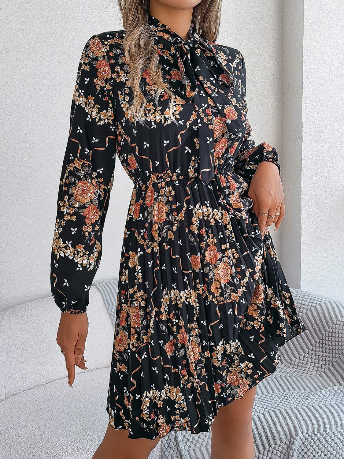 Pleated Printed Tie Neck Long Sleeve Dress - Trendsi - Flyclothing LLC
